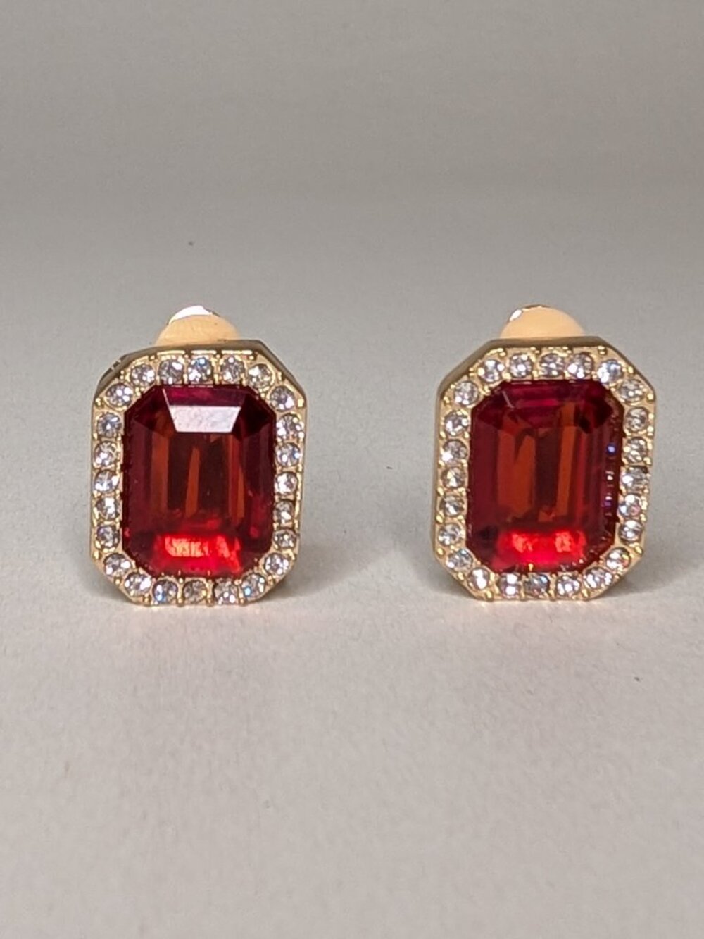 Charter Club Oversized Glam Red Clip On Earrings, Gold Tone Base and Rhinestones
